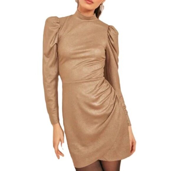 Reformation Lexi Mini Women's Small Long Puff Sleeve Mock Neck Ruched Tan Gold - Picture 1 of 8